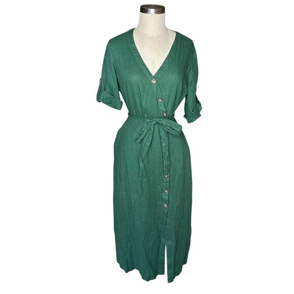 ALEXIA ADMOR Collette Asymmetrical Button Down Belted Linen Midi Dress Size 6 - Picture 1 of 8
